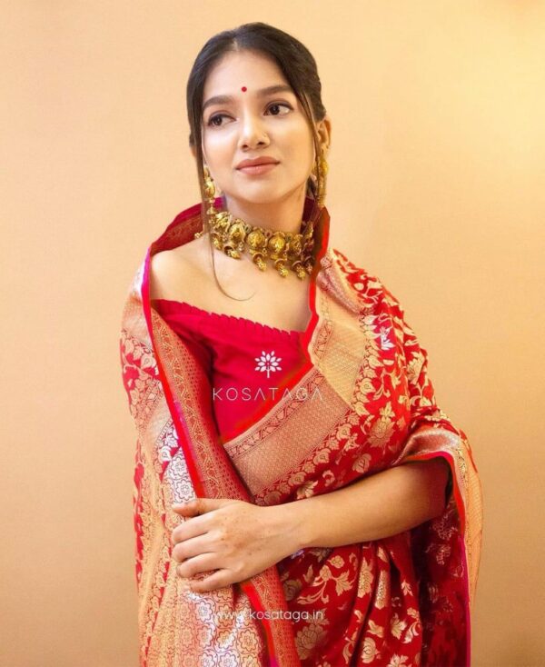 Designer Red Soft Banarasi Silk Saree With Impressive Blouse Piece - Image 2