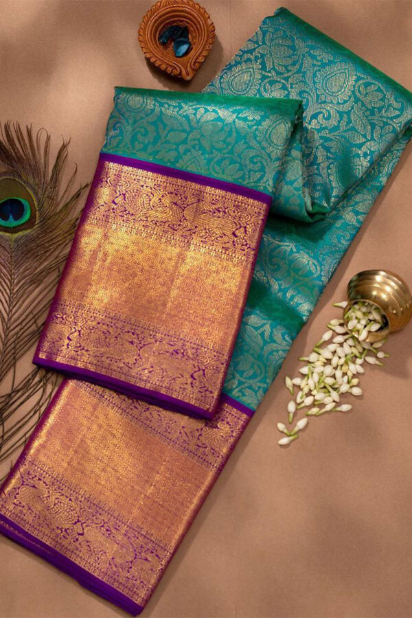 Murmurous Rama Soft Silk Saree With Elision Blouse Piece - Image 3